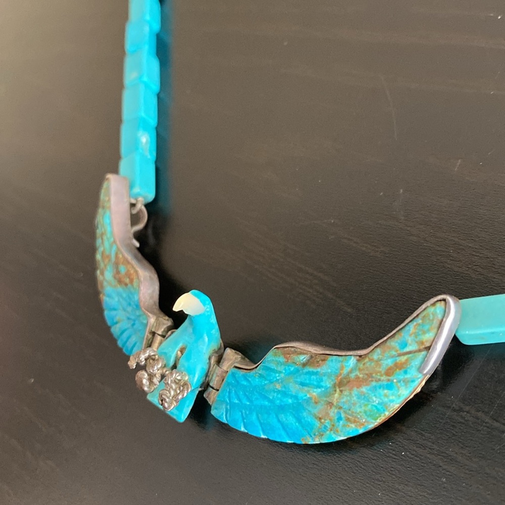 Navajo Native American Turquoise Silver & Mother of Pearl Eagle Necklace - Picture 4 of 17